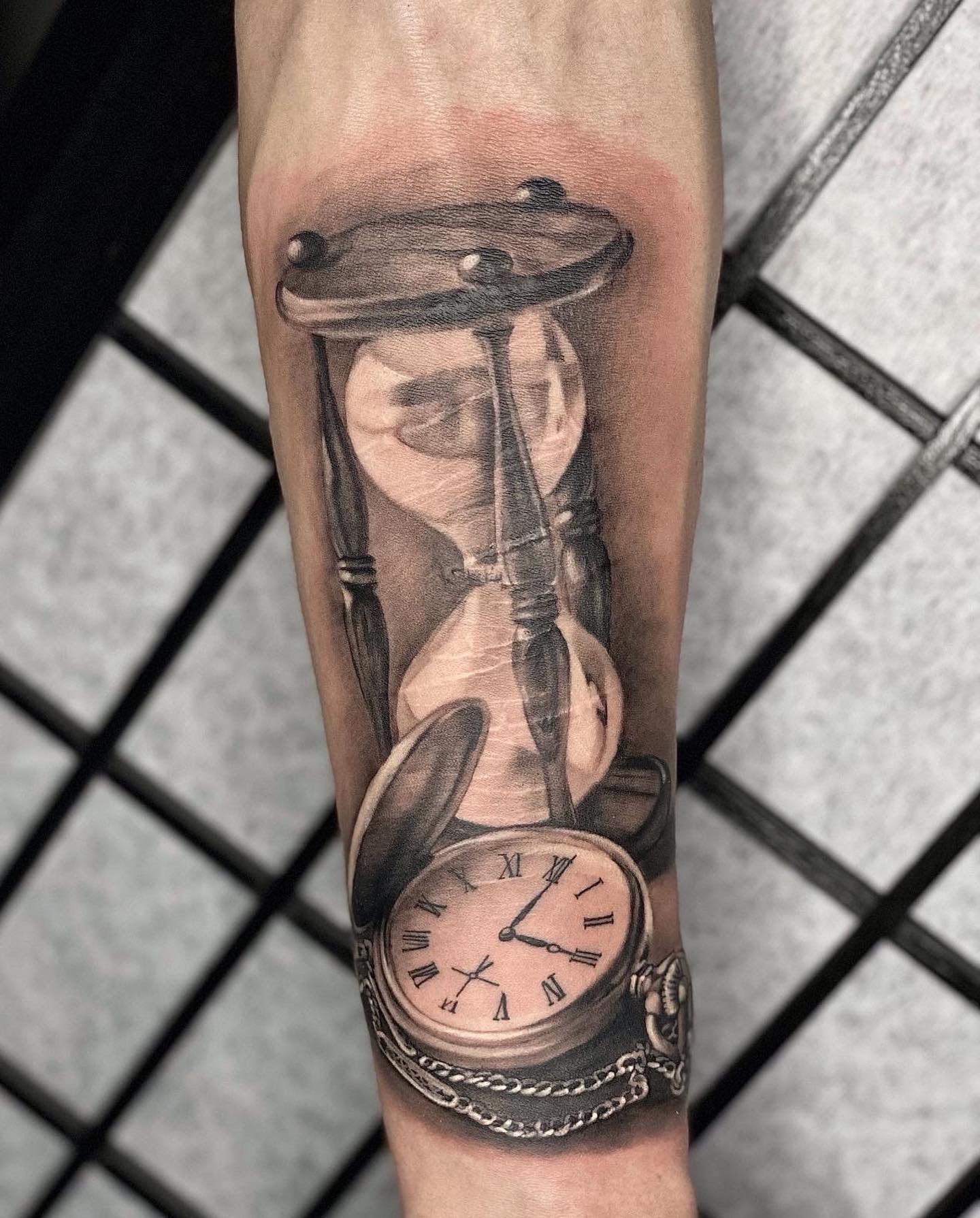 Sandwatch and pocketwatch realism tattoo